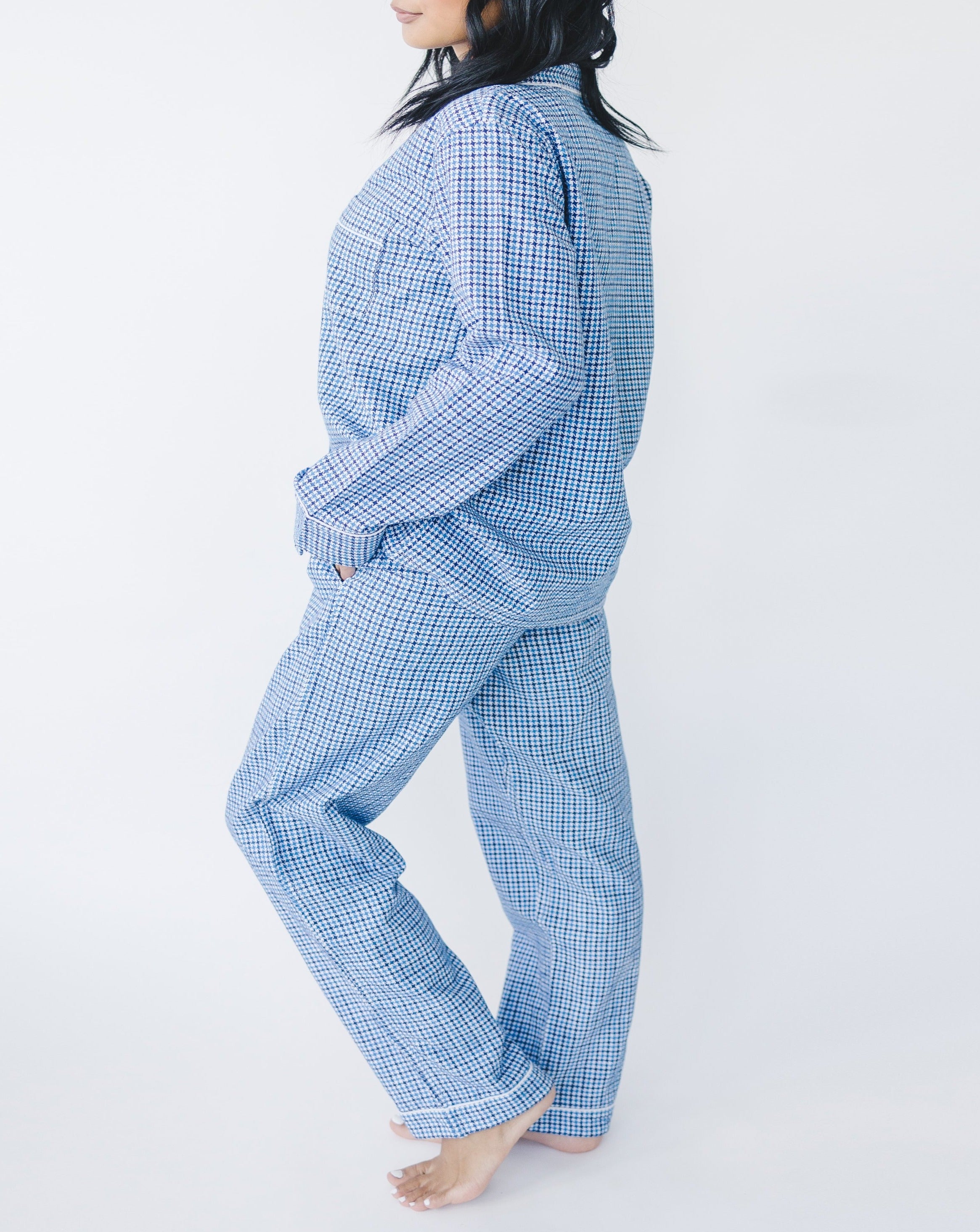 Houndstooth Pattern Pajama Set, outlet Long Sleeve V Neck Bow Top & Elastic Waistband P